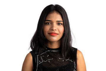 Portrait of a young girl wearing black dress posing on a white background