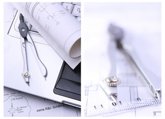 Blue print and plans with drawing compass