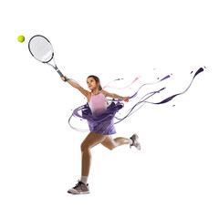 Fototapeta na wymiar Artwork with little girl begginer tennis player aspires to become a professional athlete isolated on white background. Concept of sport, studying, achievements