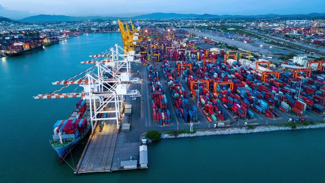 Shipyard Cargo Container Sea Port Freight forwarding service logistics and transportation. International Shipping Depot Custom Port for import export trade Transport Business manufacturing. time lapse