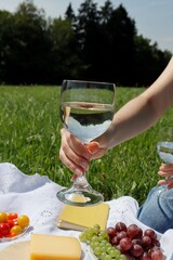 A glass of sparkling white wine very harmoniously reflects nature.