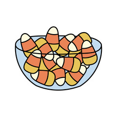 Candy Pumpkins. Cute hand drawn doodles. Traditional sweets for Halloween celebration. Bowl with striped candies isolated on white background. Vector illustration of holiday dessert