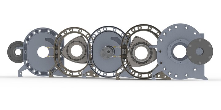 Rotary engine assembly parts 3D rendering isolated on white background