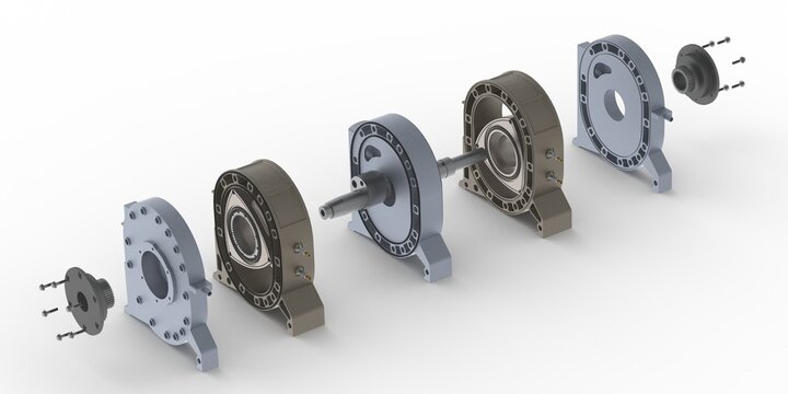Rotary engine assembly parts 3D rendering isolated on white background