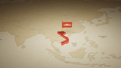 3d rendering independence day of Vietnam national flag flying on country map on world