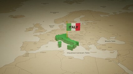 3d rendering independence day of Italy national flag flying on country map on world