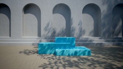 podium on sand beach for product placement 3d rendering