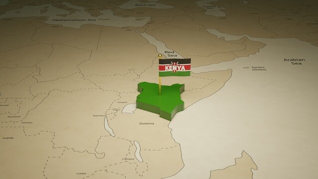3d rendering independence day of Kenya national flag flying on country map on world