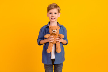 Portrait of cute cheerful boy arms hold favorite toy fluffy bear toothy smile isolated on yellow...