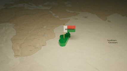 3d rendering independence day of Madagascar national flag flying on country map on world - obrazy, fototapety, plakaty