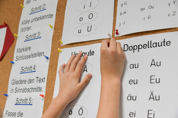 The teacher fixes the German alphabet on the blackboard