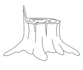 The stump from a felled tree. Contour drawing with a black line on white. Hand-drawn illustration.