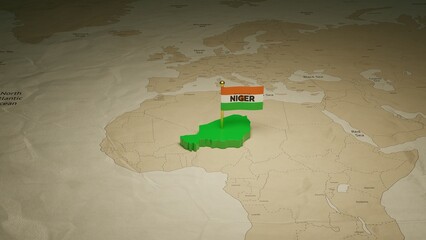 3d rendering independence day of Niger national flag flying on country map on world