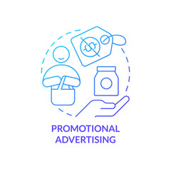 Promotional advertising blue gradient concept icon. Marketing strategy abstract idea thin line illustration. Offer discount to customer. Isolated outline drawing. Myriad Pro-Bold font used