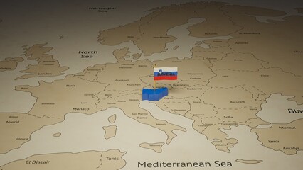 3d rendering independence day of Slovenia national flag flying on country map on world