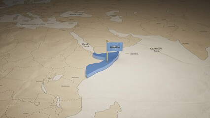3d rendering independence day of Somalia national flag flying on country map on world