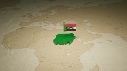 3d rendering independence day of Sudan national flag flying on country map on world