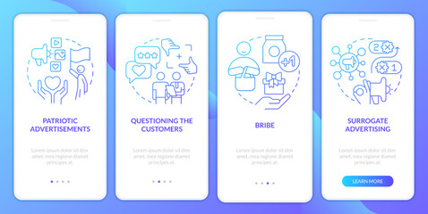 Trendy marketing approaches blue gradient onboarding mobile app screen. Walkthrough 4 steps graphic instructions with linear concepts. UI, UX, GUI template. Myriad Pro-Bold, Regular fonts used