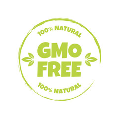 GMO Free. Natural products sticker, label, badge, icon. Logo template with green leaves for organic and eco friendly products. PNG, Vector illustration.