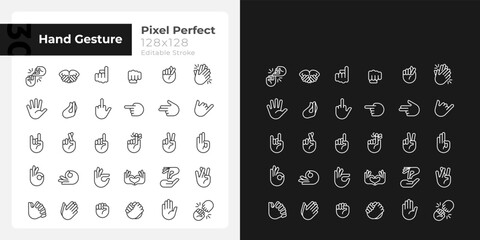 Gestures pixel perfect white linear icon for dark themes set for dark, light mode. Thin line symbols for night, day theme. Isolated illustrations. Editable stroke. Montserrat Bold, Light fonts used