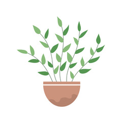 Decorative home flower. Pot with green plant. Object of a room interior. Flat vector illustration isolated on white background