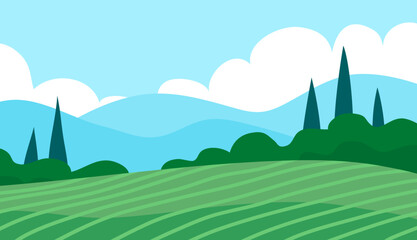 Summer italian landscape of nature. Panorama with green forest, cypress, fields and blue sky with clouds. Rural scener. Flat vector illustration