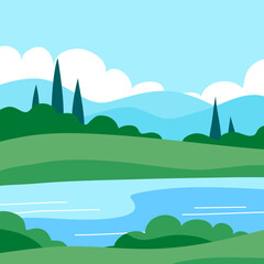 Summer italian landscape of nature. Panorama with green forest, cypress, fields, blue sky and lake. Rural scener. Flat vector illustration