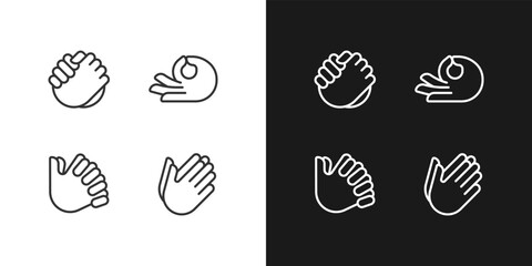 Gestures communication pixel perfect white linear icon for dark themes set for dark, light mode. Hand position signals. Thin line symbols for night, day theme. Isolated illustrations. Editable stroke