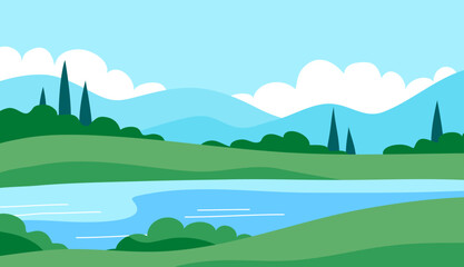 Fototapeta na wymiar Summer italian landscape of nature. Panorama with green forest, cypress, fields, blue sky and lake. Rural scener. Flat vector illustration