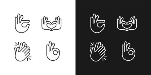 Body language signals pixel perfect white linear icon for dark themes set for dark, light mode. Hands gestures. Thin line symbols for night, day theme. Isolated illustrations. Editable stroke