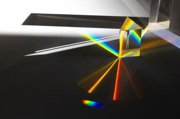 Photo of two triangular Prisms dispersing sun beam splitting into a spectrum on white background