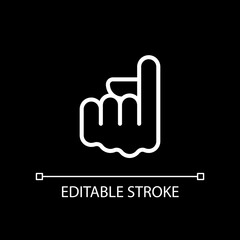 Index finger pointing up pixel perfect white linear icon for dark theme. Upward direction. Hand gesture. Thin line illustration. Isolated symbol for night mode. Editable stroke. Arial font used