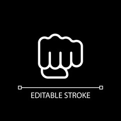 Punching fist pixel perfect white linear icon for dark theme. Hand gesture. Fighting action. Threat and fight. Thin line illustration. Isolated symbol for night mode. Editable stroke. Arial font used