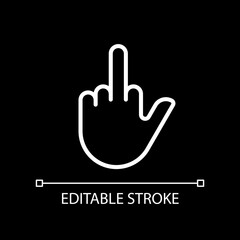 Middle finger pixel perfect white linear icon for dark theme. Obscene hand gesture. Non verbal message. Thin line illustration. Isolated symbol for night mode. Editable stroke. Arial font used