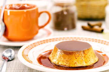 condensed milk pudding with vanilla cream, typical Brazilian sweet. Home made dessert.