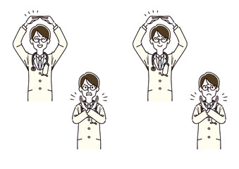 腕でマル・バツを作る白衣姿の男性