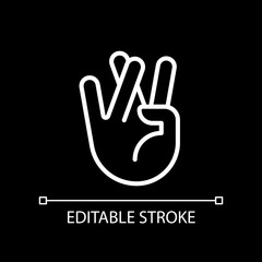 Fototapeta premium Praying for good luck pixel perfect white linear icon for dark theme. Crossed ring and middle fingers. Thin line illustration. Isolated symbol for night mode. Editable stroke. Arial font used