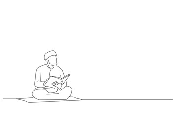 Fototapeta na wymiar Drawing of religious muslim man reading holy koran inside the mosque. Oneline art drawing style