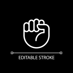 Riot fist pixel perfect white linear icon for dark theme. Protests and fighting. Hand gesture. Social issue. Thin line illustration. Isolated symbol for night mode. Editable stroke. Arial font used