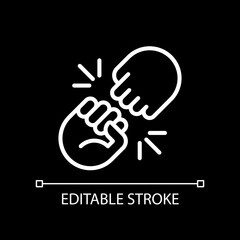 Fist bump pixel perfect white linear icon for dark theme. Funny greeting gesture. Communication. Body language. Thin line illustration. Isolated symbol for night mode. Editable stroke. Arial font used