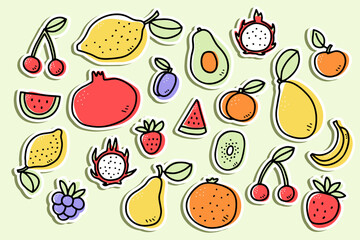 Doodle fruits, berries sticker set. Hand-drawn orange, apple, avocado, strawberry, pear, cherry, lemon, Pitaya on green color background. Healthy food, vitamin, plant, gardening. Vector illustration