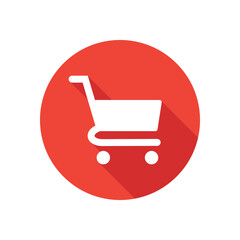 Button circle with shopping cart icon in red color. Vector illustration.