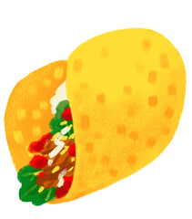 Hard shell taco in corn tortilla Mexican food illustration chalk doodle