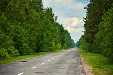 Fototapeta na wymiar Road through the forest. Country road, path way through green summer forest. Driving car on asphalt forest road with one car on the horizon moving towards