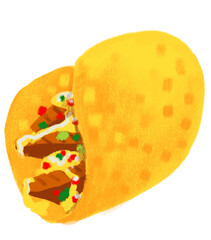 Hard shell taco in corn tortilla Mexican food illustration chalk doodle