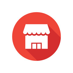 Store flat icon on round button in long shadow style.