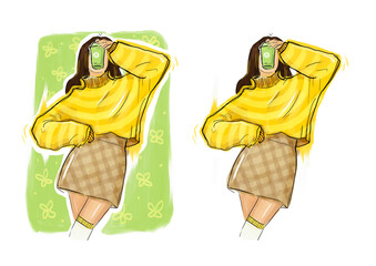 Beautiful fashion young woman with plastic cup of coffee in her hand and cozy oversize yellow jumper. Elegant and cozy autumn season girl. fall season. Sketch illustration cute women with hot drink