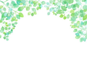 木漏れ日のイメージ。水彩イラスト。新緑のアーチ型フレーム背景（透過背景）