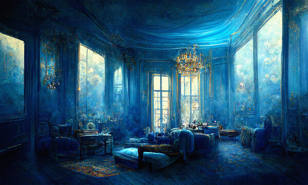 old abandoned blue room in the French style, cinematic moody atmospher , digital illustration,