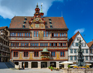 Tübingen town hall on Market Square with fountain, Germany. Baden Württemberg, Germany, Europe.